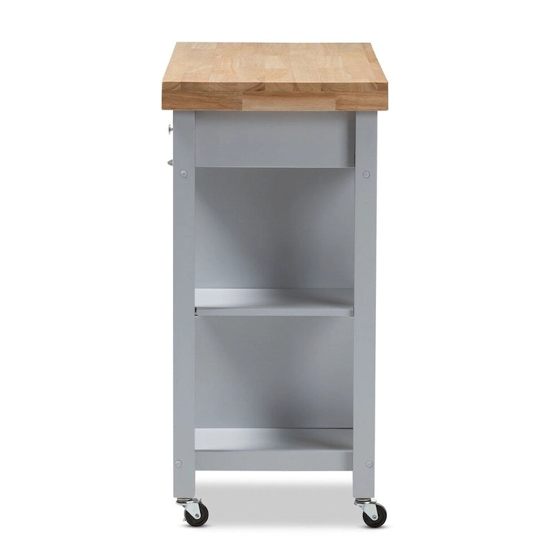 Carrito de cocina de madera gris estilo rústico con encimera de madera de caucho