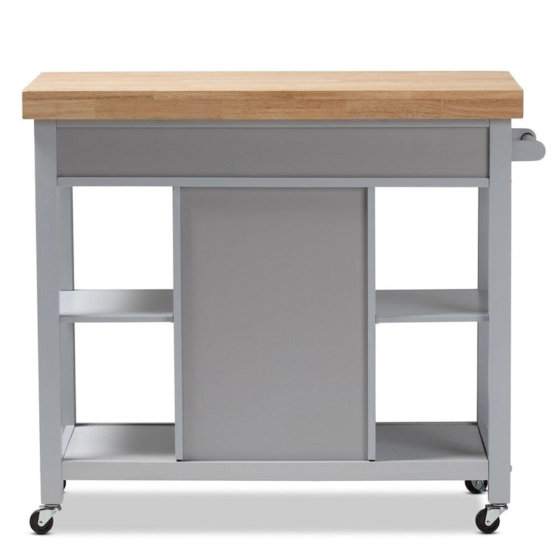 Carrito de cocina de madera gris estilo rústico con encimera de madera de caucho
