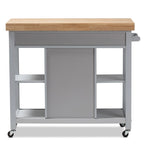 Carrito de cocina de madera gris estilo rústico con encimera de madera de caucho
