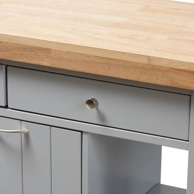 Carrito de cocina de madera gris estilo rústico con encimera de madera de caucho