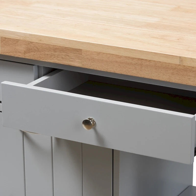 Carrito de cocina de madera gris estilo rústico con encimera de madera de caucho