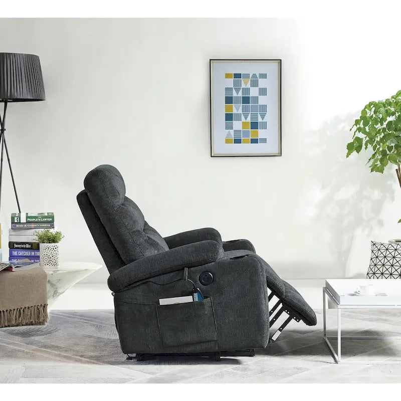 Sillón Reclinable Eléctrico con Elevador, Masaje y Calor – 3 Posiciones, Bolsillos Laterales, Portavasos, Carga USB
