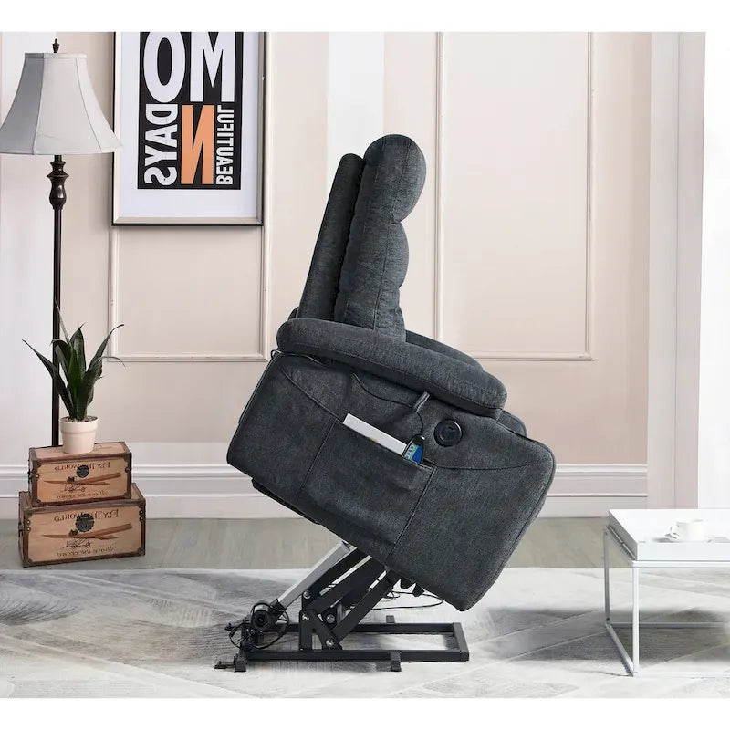 Sillón Reclinable Eléctrico con Elevador, Masaje y Calor – 3 Posiciones, Bolsillos Laterales, Portavasos, Carga USB