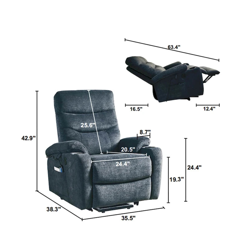 Sillón Reclinable Eléctrico con Elevador, Masaje y Calor – 3 Posiciones, Bolsillos Laterales, Portavasos, Carga USB