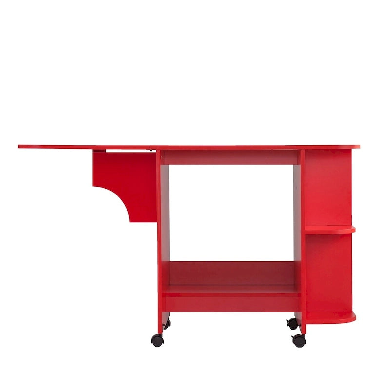 Mesa de costura plegable con ruedas color rojo rústico y estantes laterales