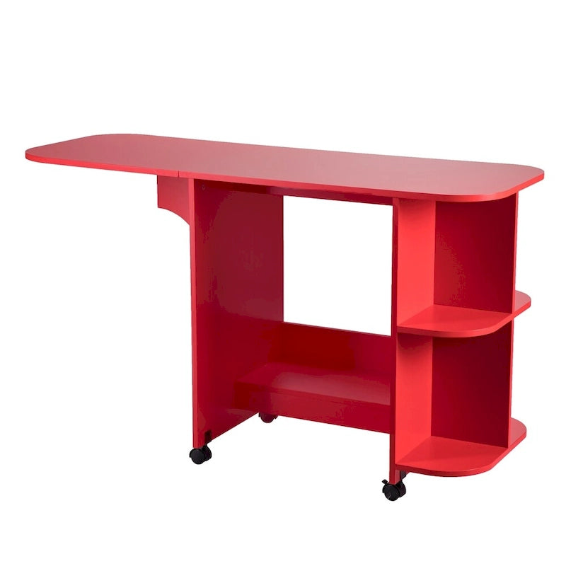 Mesa de costura plegable con ruedas color rojo rústico y estantes laterales
