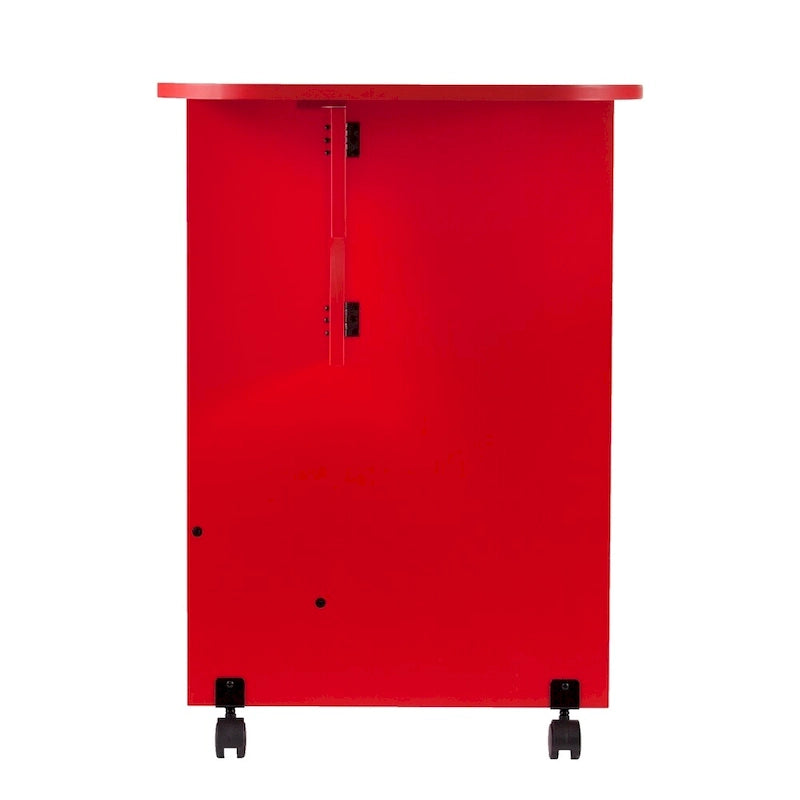 Mesa de costura plegable con ruedas color rojo rústico y estantes laterales