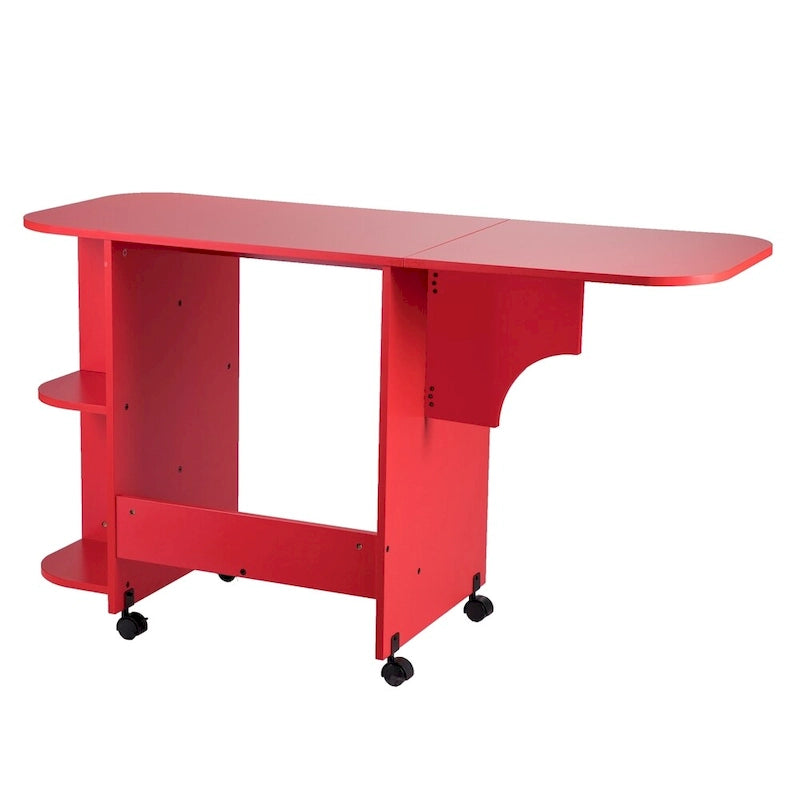 Mesa de costura plegable con ruedas color rojo rústico y estantes laterales