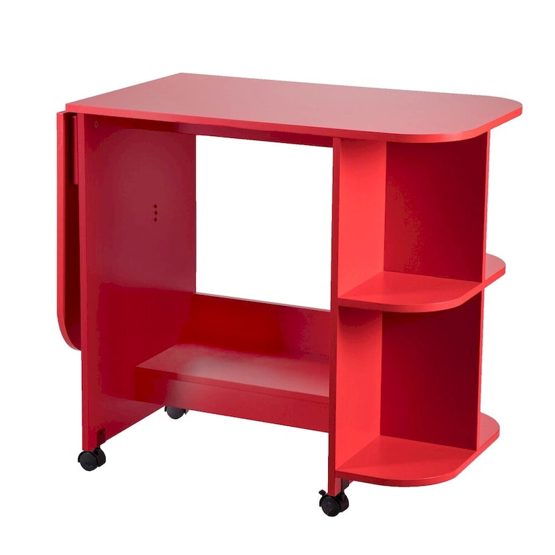 Mesa de costura plegable con ruedas color rojo rústico y estantes laterales