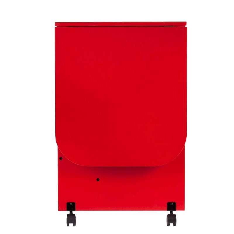 Mesa de costura plegable con ruedas color rojo rústico y estantes laterales