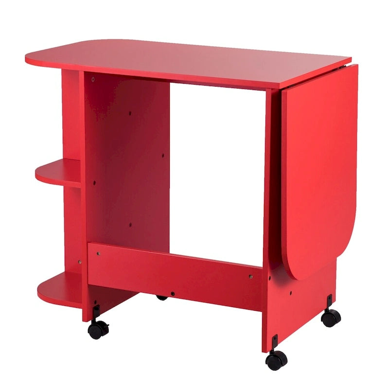 Mesa de costura plegable con ruedas color rojo rústico y estantes laterales