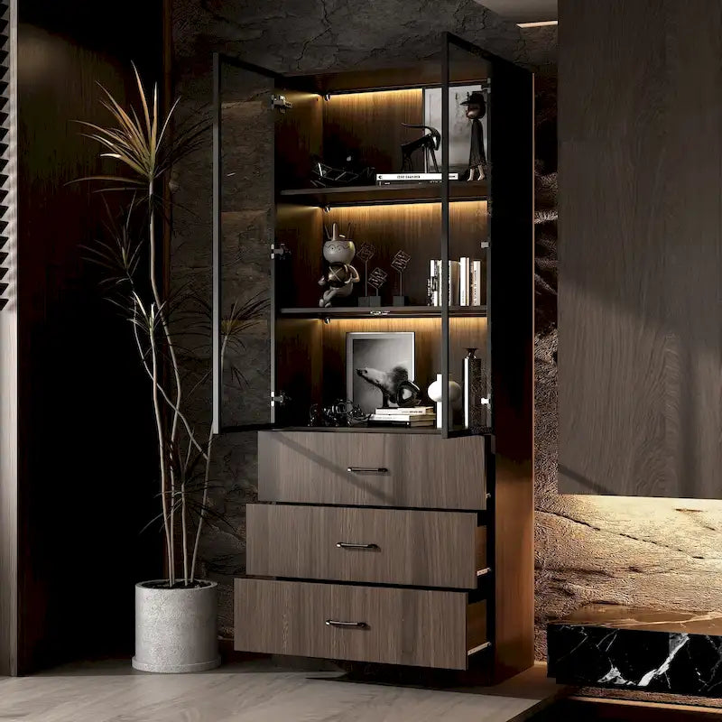 Armario modular de aleación de aluminio con vetas de madera e iluminación LED
