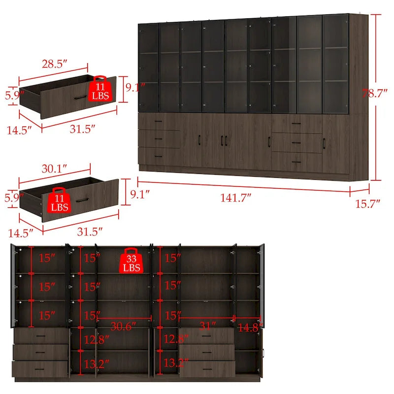 Armario modular de aleación de aluminio con vetas de madera e iluminación LED