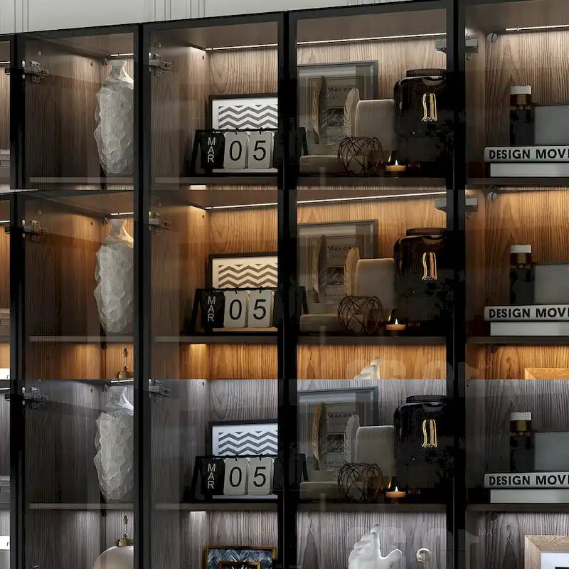 Armario modular de aleación de aluminio con vetas de madera e iluminación LED