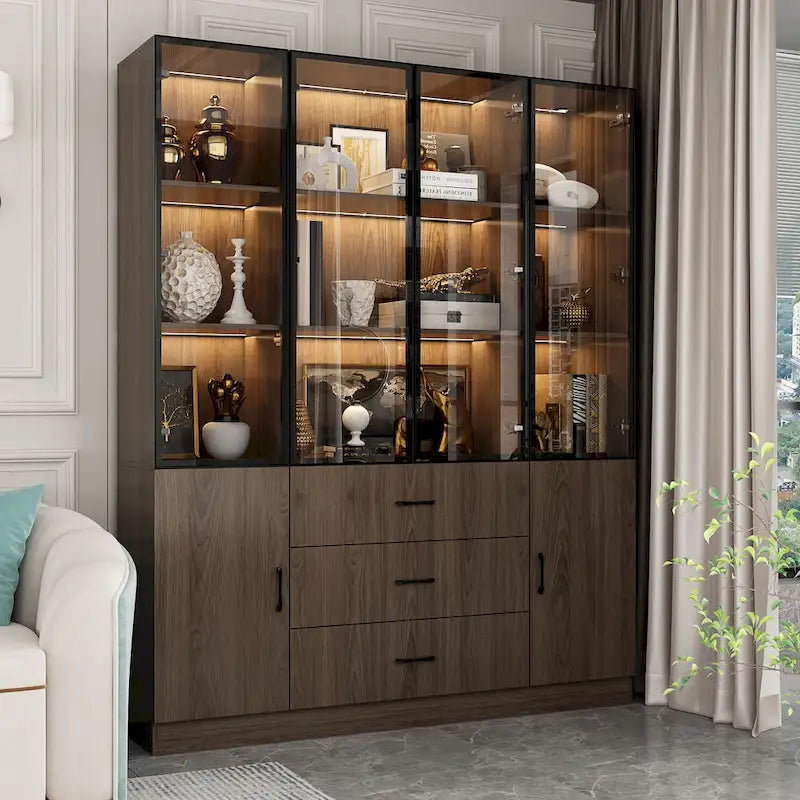 Armario modular de aleación de aluminio con vetas de madera e iluminación LED