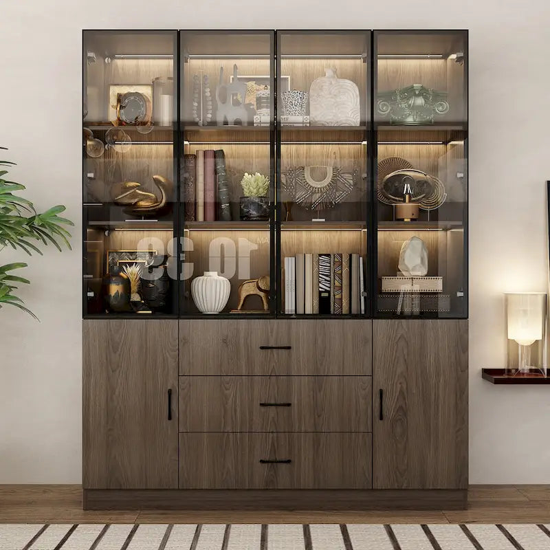 Armario modular de aleación de aluminio con vetas de madera e iluminación LED
