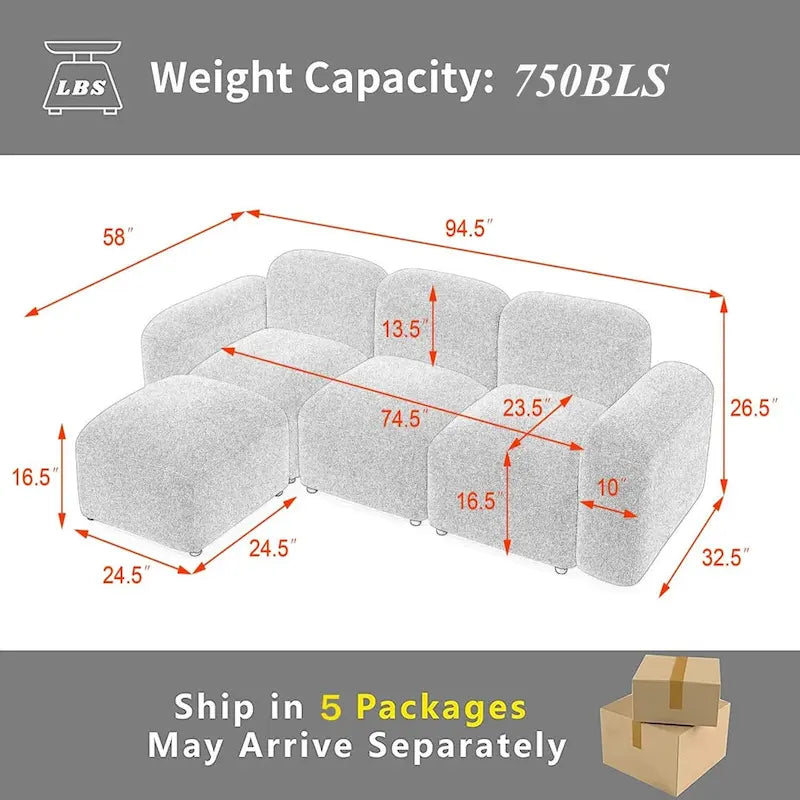 Sofá seccional modular en forma de L con chaise longue, 3 plazas