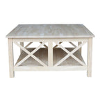 Mesa de centro cuadrada de madera maciza con estante inferior, 36 ancho x 36 fondo x 18 alto pulg.