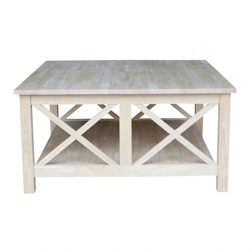 Mesa de centro cuadrada de madera maciza con estante inferior, 36 ancho x 36 fondo x 18 alto pulg.