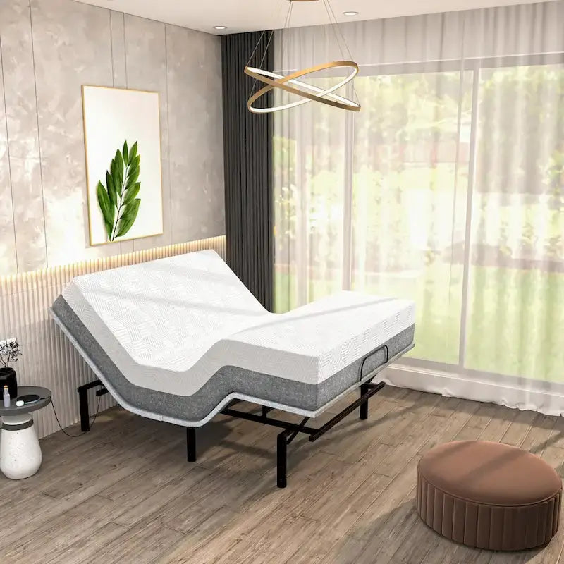 Base de cama ajustable con colchón híbrido de 12", masaje, puertos USB, luz debajo de la cama y control por aplicación