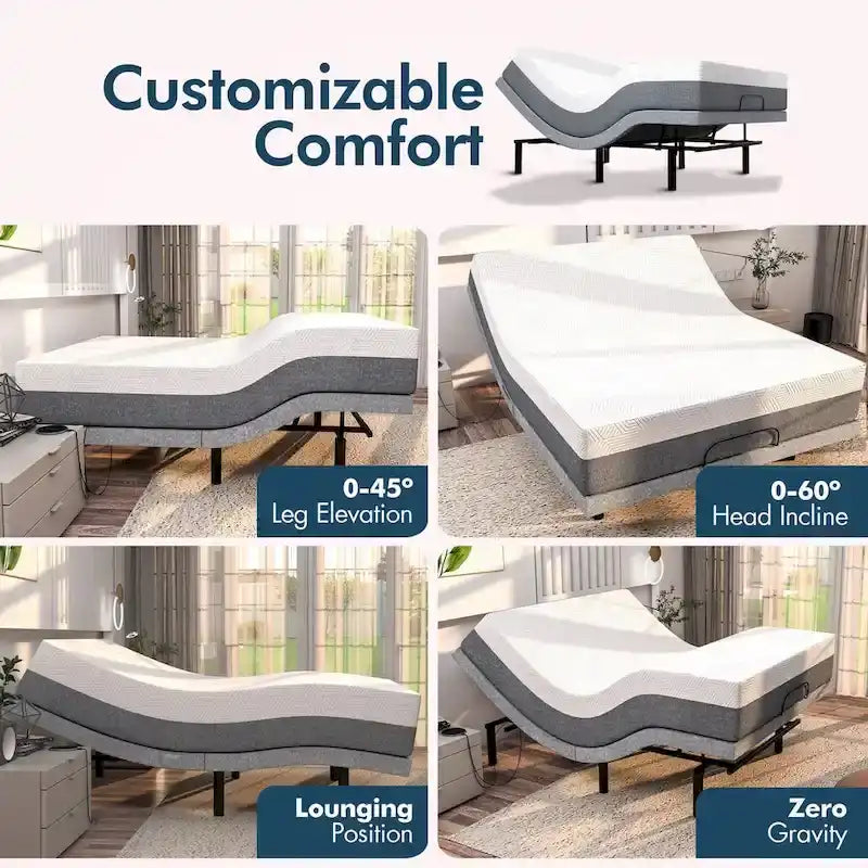 Base de cama ajustable con colchón híbrido de 12", masaje, puertos USB, luz debajo de la cama y control por aplicación