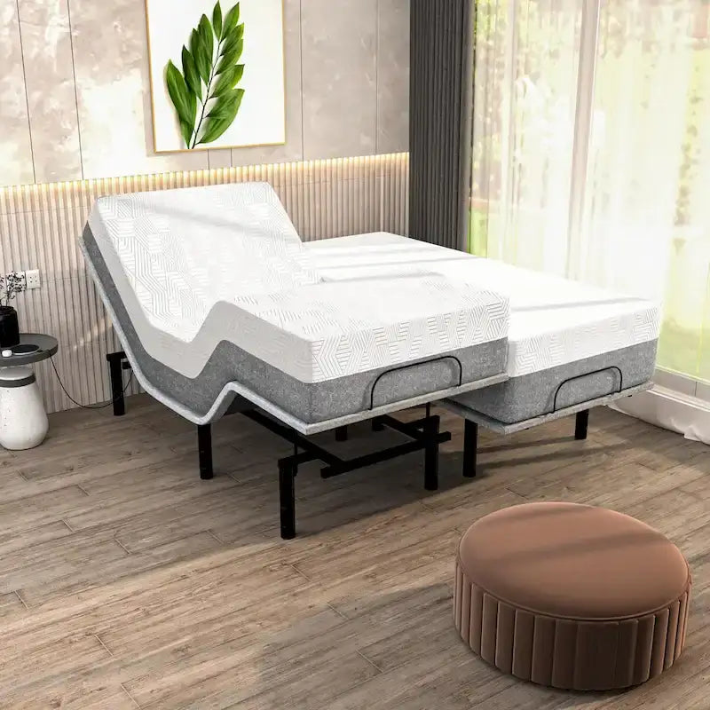 Base de cama ajustable con colchón híbrido de 12", masaje, puertos USB, luz debajo de la cama y control por aplicación