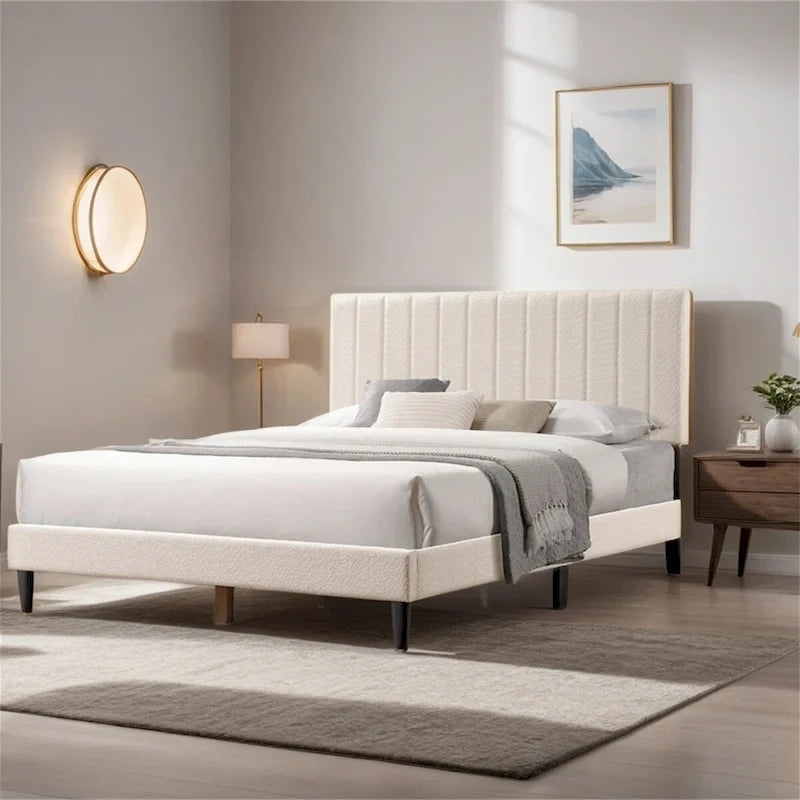 Cama con plataforma tapizada tamaño queen con cabecera capitoné