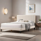 Cama con plataforma tapizada tamaño queen con cabecera capitoné