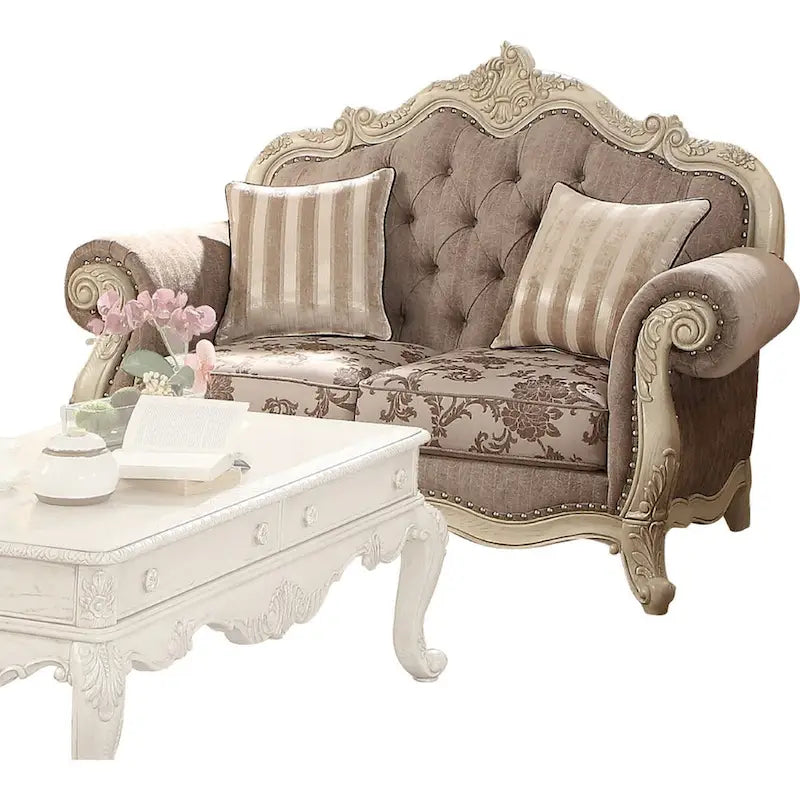 Scrolled Crown Top Fabric Loveseat with Cabriole Legs, Gray and White