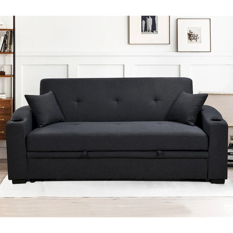 Sofá Cama con Respaldo Reclinable, Portavasos y Almohadas