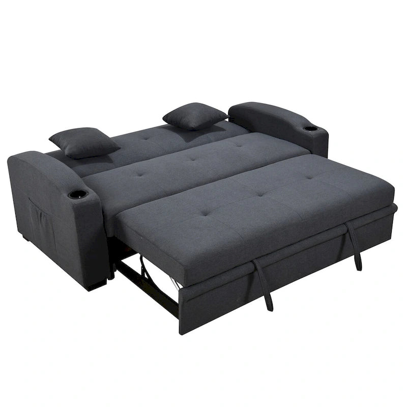 Sofá Cama con Respaldo Reclinable, Portavasos y Almohadas