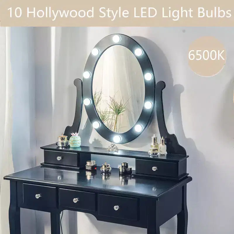 Tocador de maquillaje moderno, juego de tocador para niñas con espejo iluminado y taburete acolchado