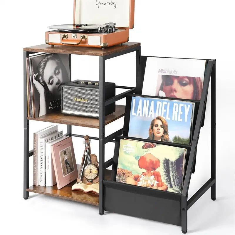 Tocadiscos de 3 niveles con almacenamiento de vinilos