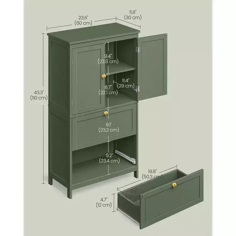 VASAGLE Armario de suelo para baño, Mueble de almacenamiento de baño, Armario independiente con 2 cajones y 2 puertas