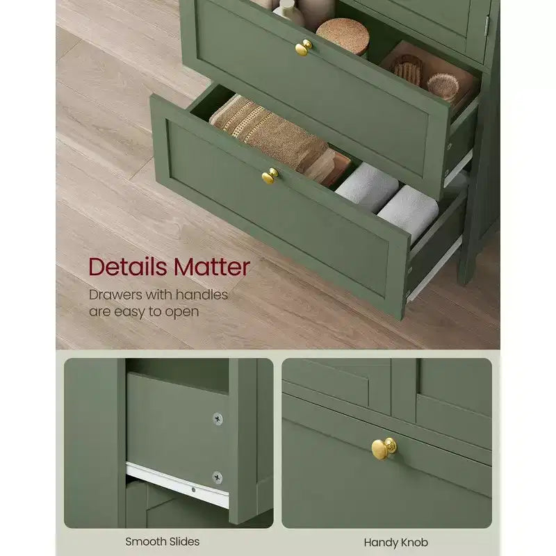 VASAGLE Armario de suelo para baño, Mueble de almacenamiento de baño, Armario independiente con 2 cajones y 2 puertas