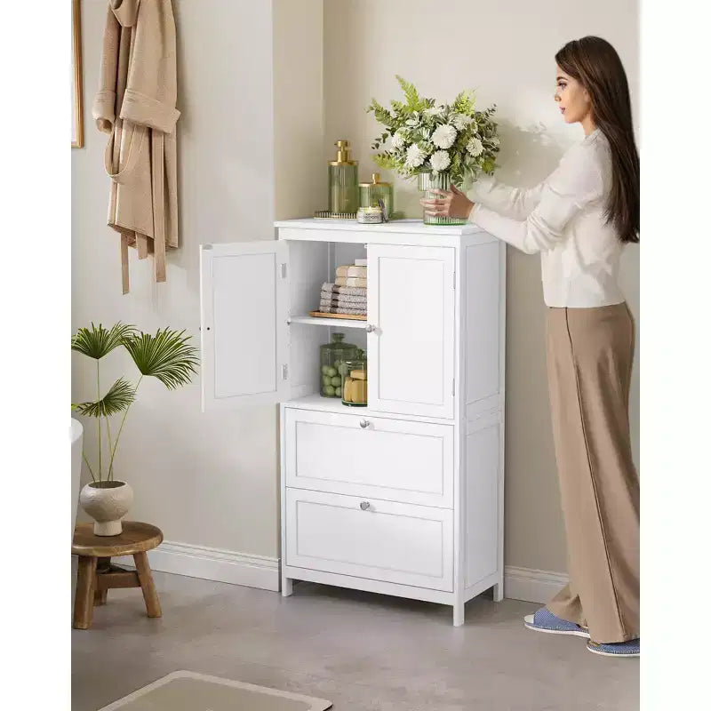 VASAGLE Armario de suelo para baño, Mueble de almacenamiento de baño, Armario independiente con 2 cajones y 2 puertas