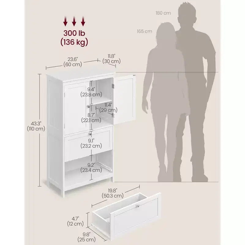 VASAGLE Armario de suelo para baño, Mueble de almacenamiento de baño, Armario independiente con 2 cajones y 2 puertas