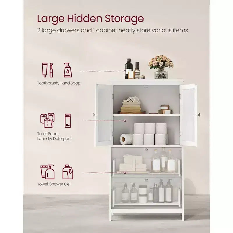 VASAGLE Armario de suelo para baño, Mueble de almacenamiento de baño, Armario independiente con 2 cajones y 2 puertas
