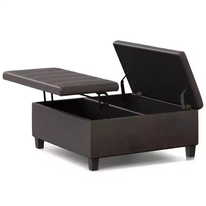 WyndenHall Tyler Mesa de centro otomana de almacenamiento de piel sintética desgastada, con tapa elevable, marco de madera de caucho