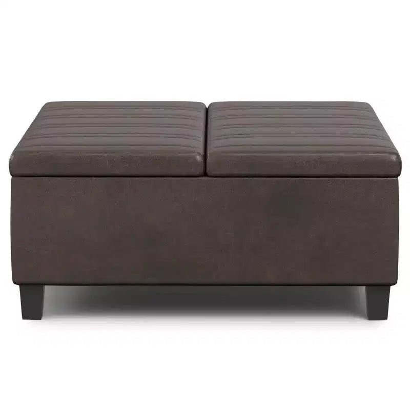 WyndenHall Tyler Mesa de centro otomana de almacenamiento de piel sintética desgastada, con tapa elevable, marco de madera de caucho