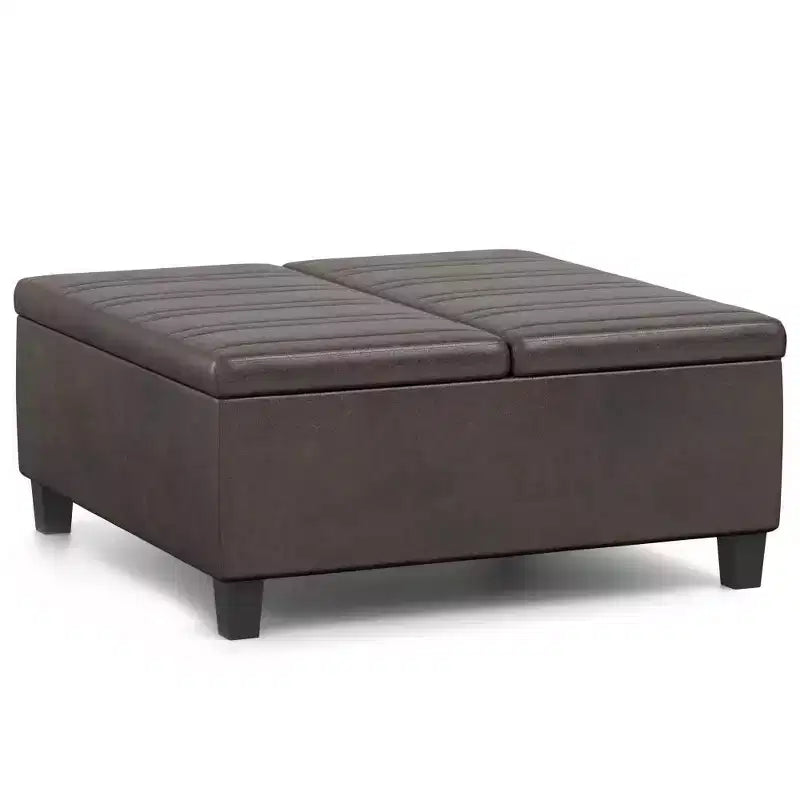 WyndenHall Tyler Mesa de centro otomana de almacenamiento de piel sintética desgastada, con tapa elevable, marco de madera de caucho
