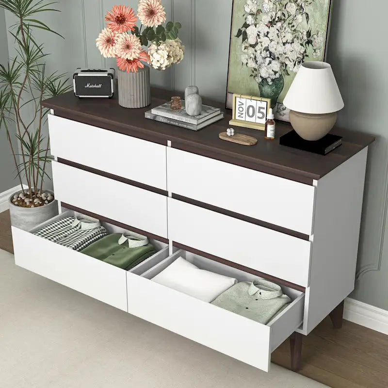 Cómoda de 6 cajones con cajones anchos - Cajonera de almacenamiento de madera para dormitorio, sala de estar y pasillo