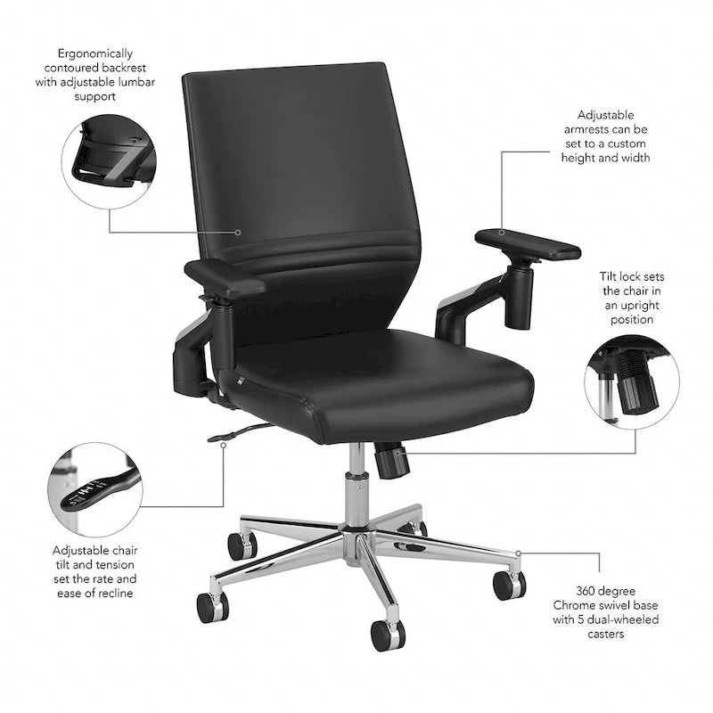 Sillón de oficina de piel sintética con respaldo medio, altura y reposabrazos ajustables