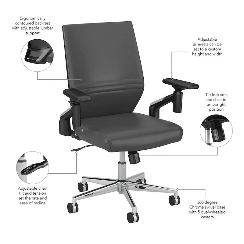 Sillón de oficina de piel sintética con respaldo medio, altura y reposabrazos ajustables