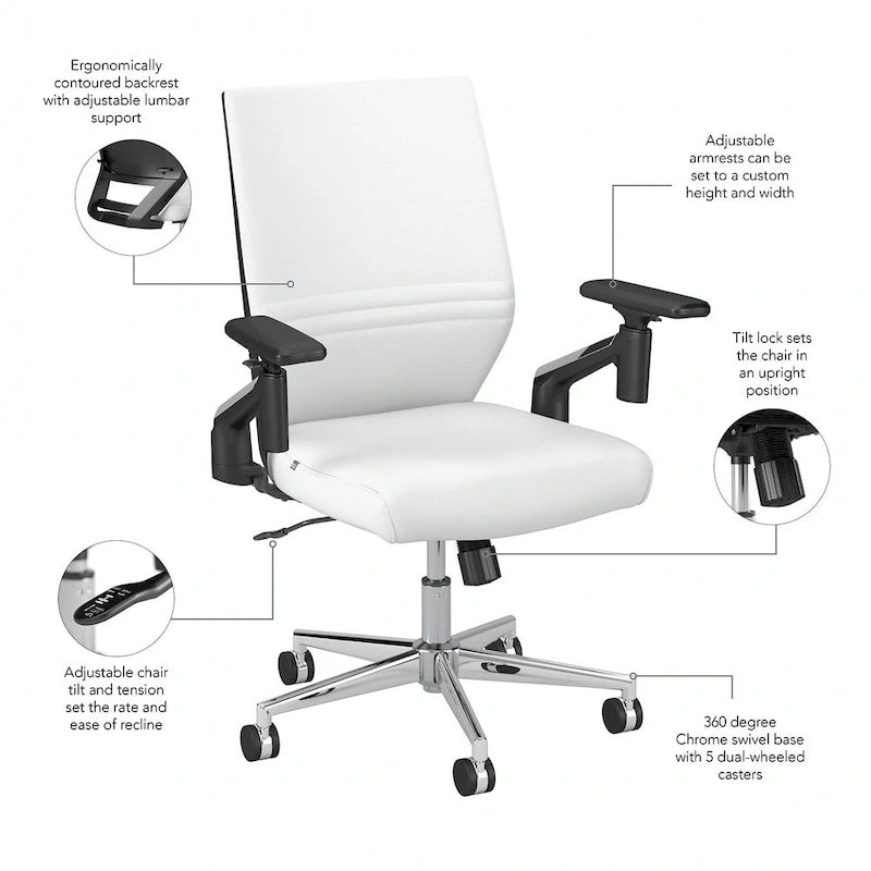 Sillón de oficina de piel sintética con respaldo medio, altura y reposabrazos ajustables